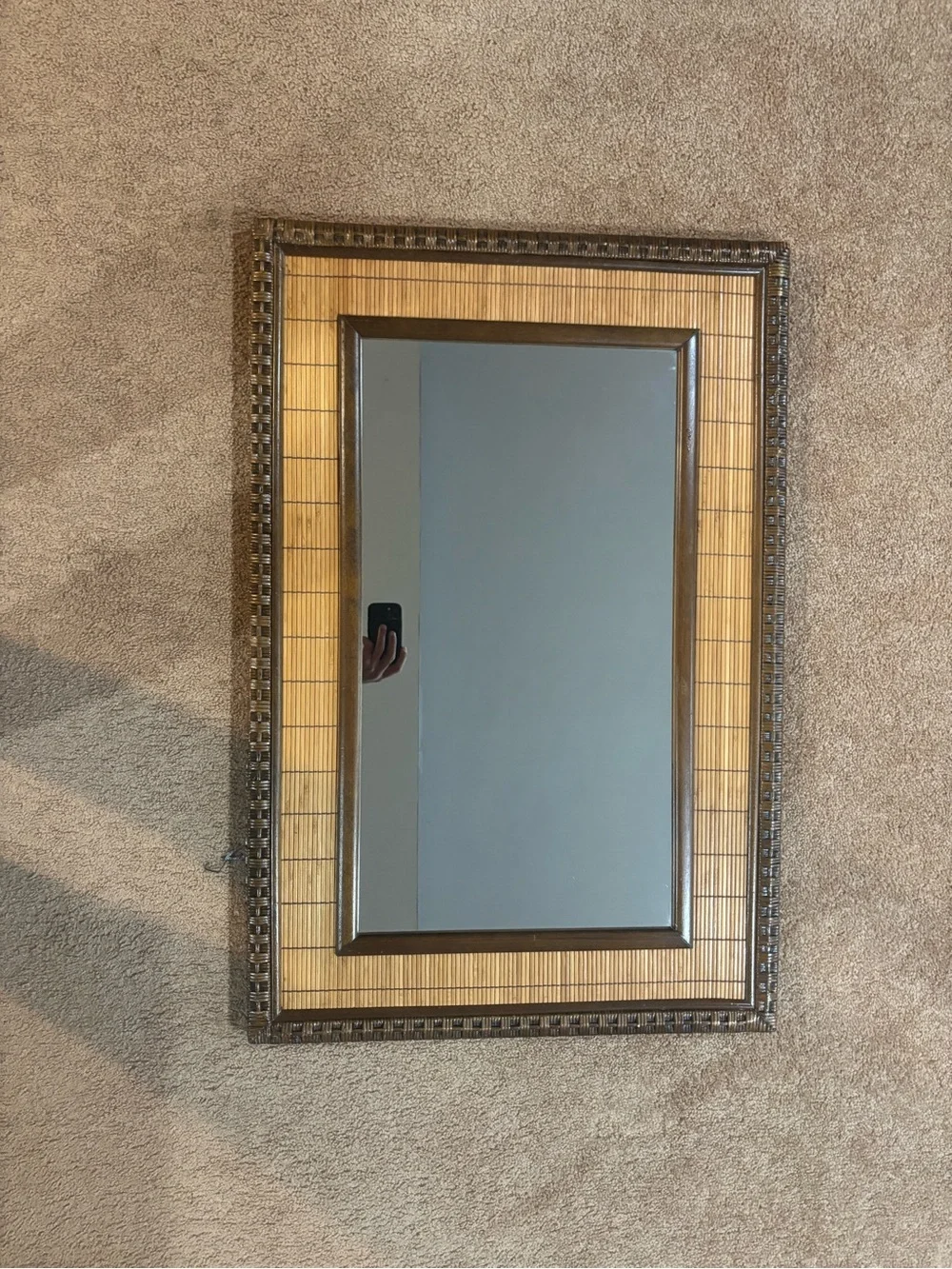 Wood and Bronze Rectangular Wall Mirror in Brown